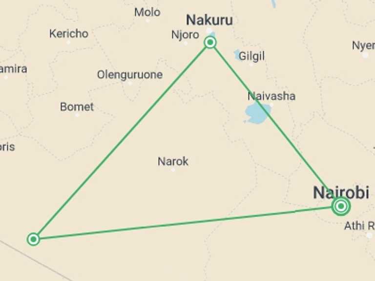 Map of Kenya Tour with 4 destination visits for the trip: Maasai Mara and Lake Nakuru 4 days