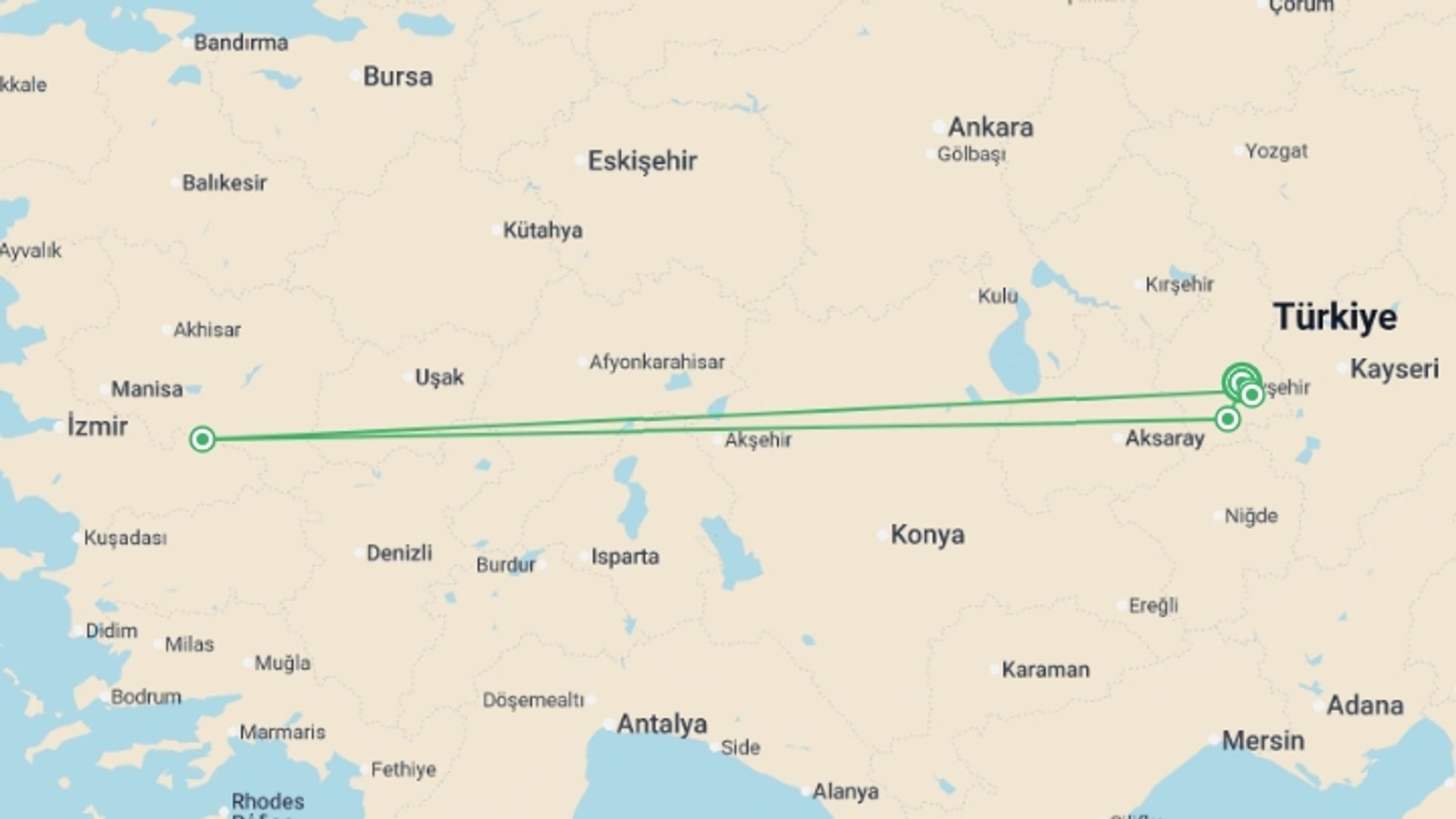 A map showing the tour itinerary for the trip: Walking in Cappadocia, starting in Goreme, Turkey and ending in Goreme, Turkey going through 5 other destinations.