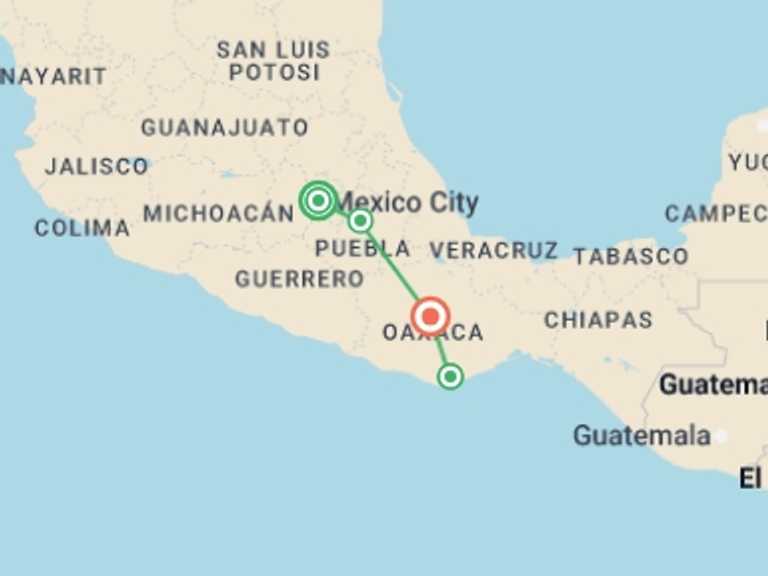 Map itinerary of North America Tour in Fall with 4 destination visits for the trip: Mexico Real Food Adventure