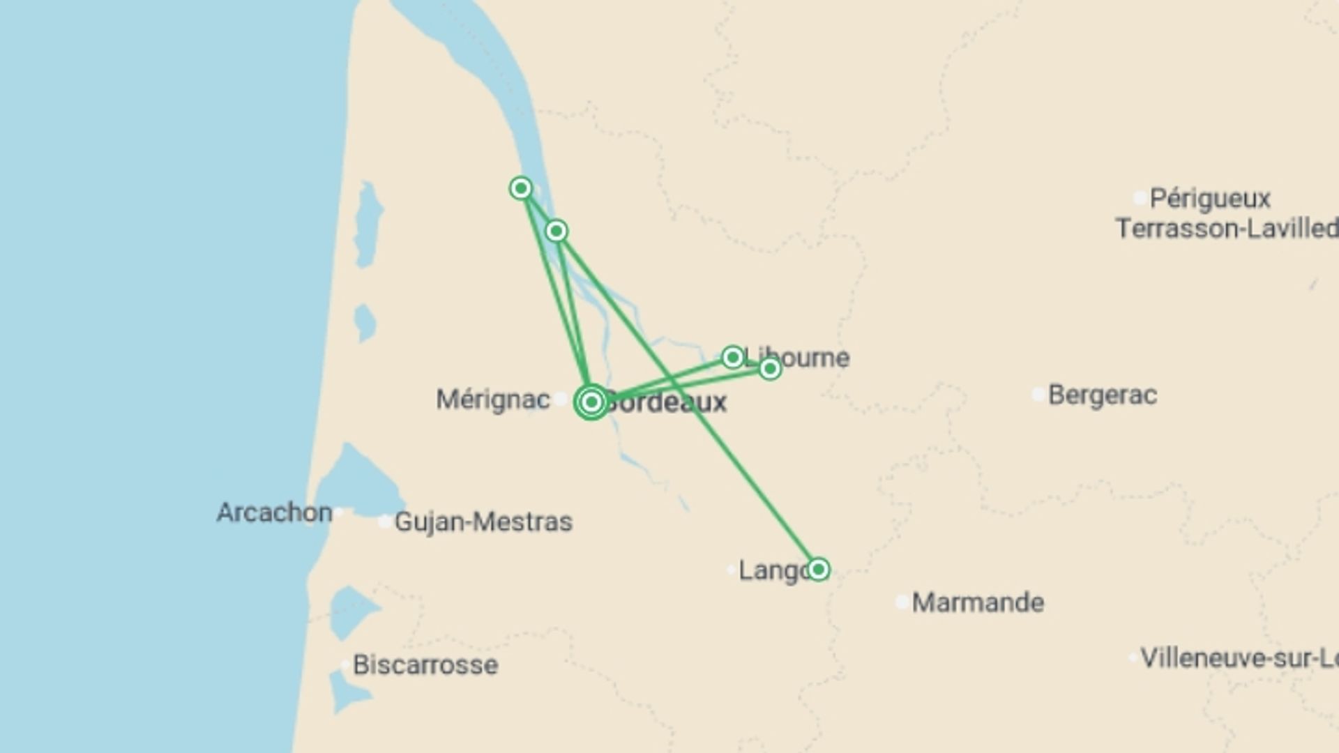 A map showing the tour itinerary for the trip: Christmas in the Bordeaux region (port-to-port cruise), starting in Bordeaux, France and ending in Bordeaux, France going through 2 other destinations.