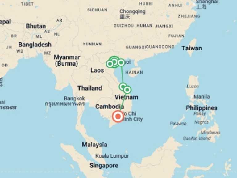 Map itinerary of Asia Tour in April 2027 with 6 destination visits for the trip: Journeys: Explore Vietnam