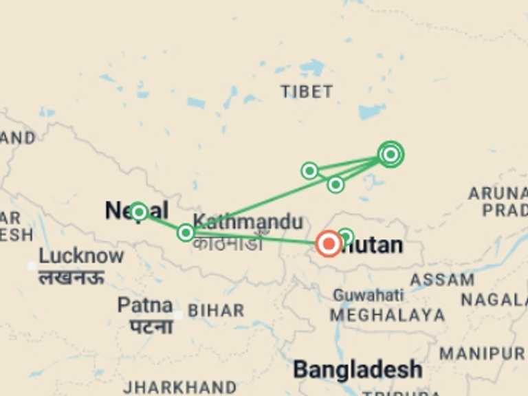 Map of Shigatse Tour with 7 destination visits for the trip: Ancient Cities Bhutan, Nepal and Tibet Tour