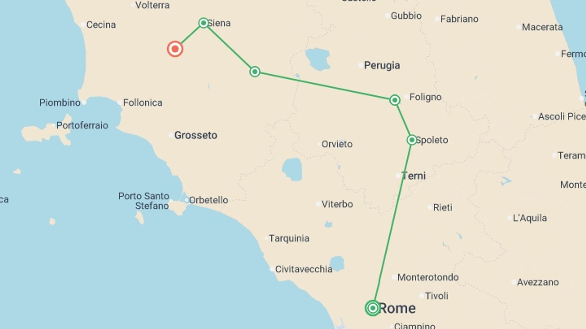 A map showing the tour itinerary for the trip: Tuscan & Umbrian Countryside featuring Italy's Charming Hill Towns, starting in Rome, Italy and ending in Tuscany, Italy going through 2 other destinations.