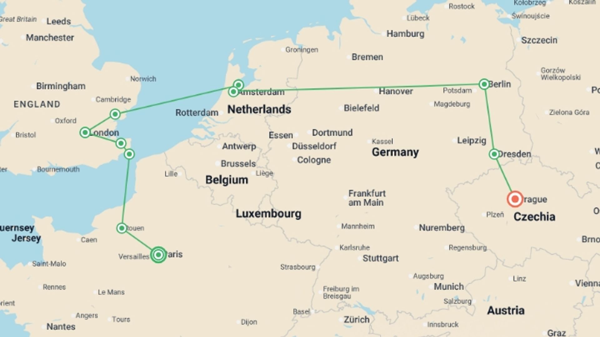 A map showing the tour itinerary for the trip: Continental Fairytale, starting in Paris, France and ending in Prague, Czech Republic going through 5 other destinations.