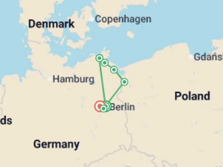 Map itinerary of Europe Tour in Fall with 7 destination visits for the trip: From Stralsund to Berlin: The Baltic Sea and the Oder and Havel Rivers (port-to-port cruise)