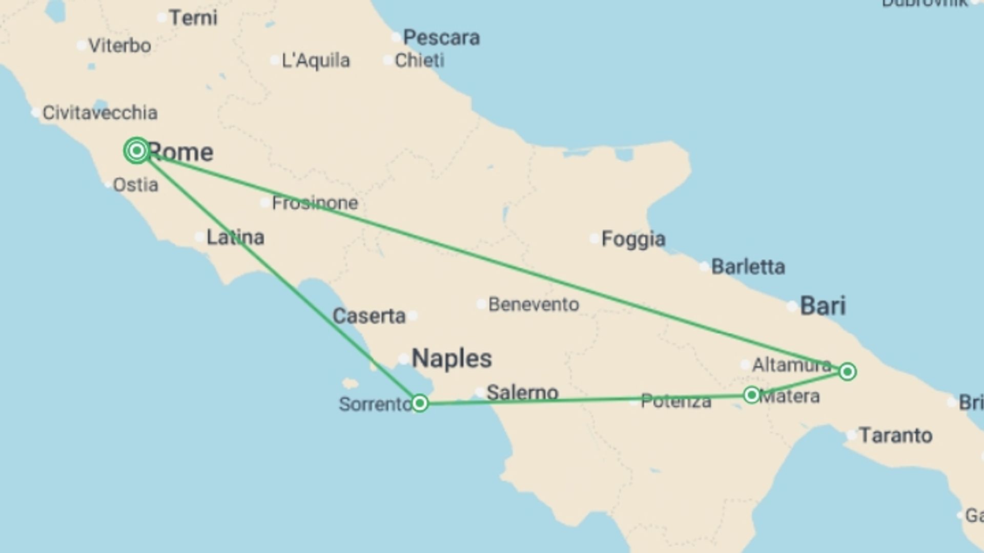 A map showing the tour itinerary for the trip: Country Roads of Southern Italy, starting in Rome, Italy and ending in Rome, Italy going through 3 other destinations.