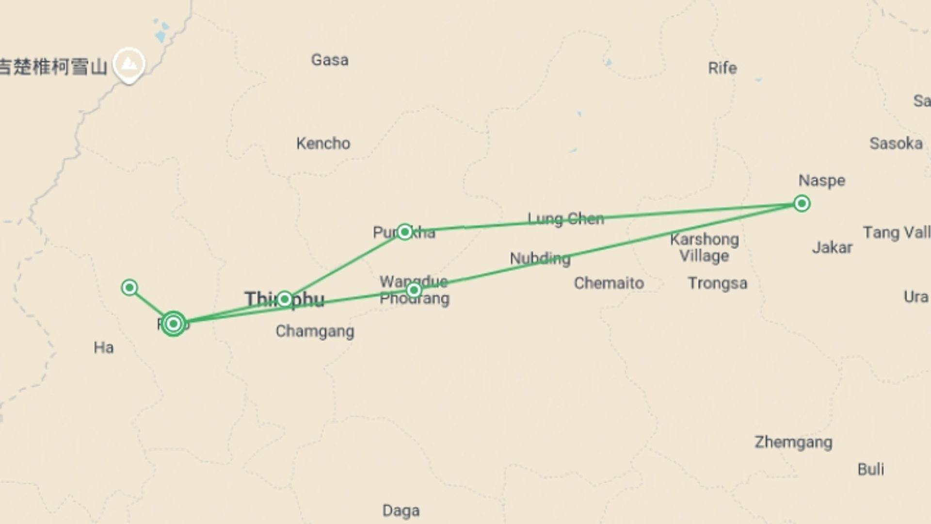A map showing the tour itinerary for the trip: Essence of Bhutan - Overland Tour , starting in Paro, Bhutan and ending in Paro, Bhutan going through 6 other destinations.