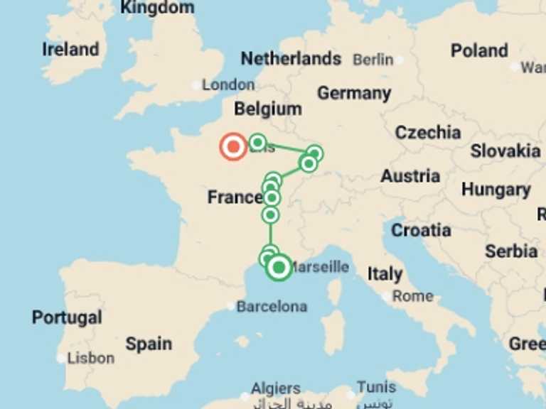 Map of 5-Day Strasbourg Tour with 5 destination visits for the trip: Cote d Azur, Burgundy and Alsace