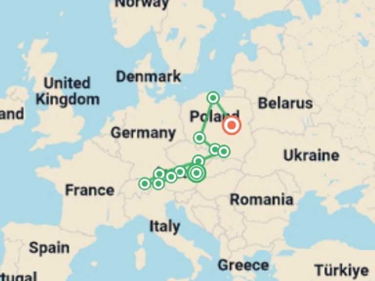 Map itinerary of Europe Tour in July 2026 with 12 destination visits for the trip: Austria, Moravia and Full Wonders of Poland