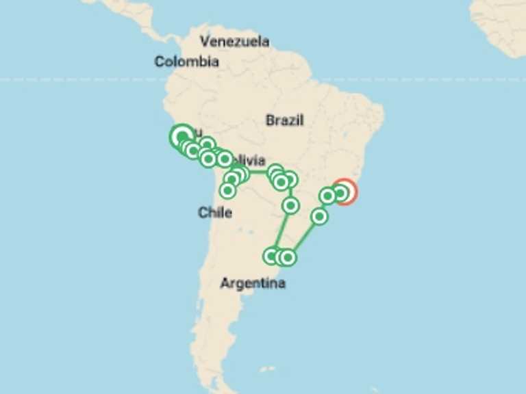 Map of South America Tour with 33 destination visits for the trip: Lima to Rio de Janeiro (via Uruguay & Pantanal) Travel Pass
