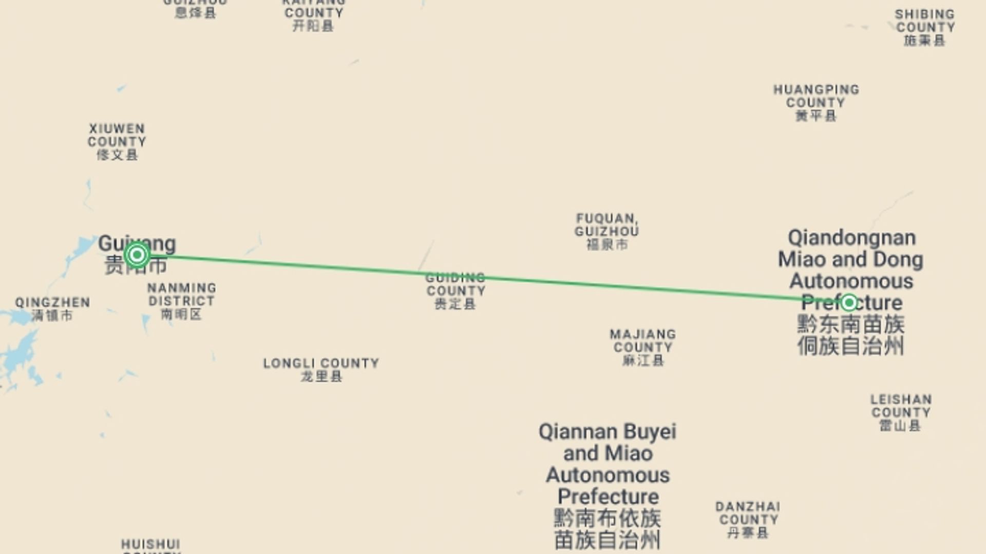 A map showing the tour itinerary for the trip: Guiyang & Kaili Cultural Experience, City Break, Private Tour, starting in Guiyang, China and ending in Guiyang, China going through 1 other destinations.