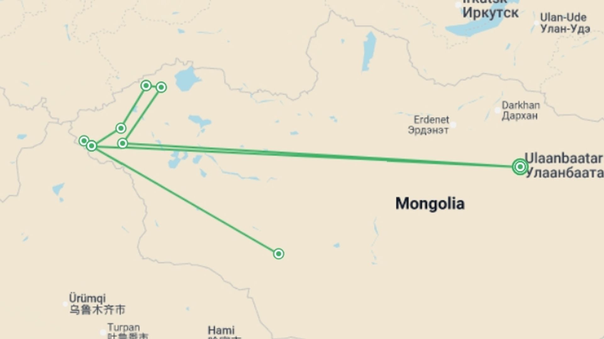 A map showing the tour itinerary for the trip: Mongolian Panorama, starting in Ulaanbaatar, Mongolia and ending in Ulaanbaatar, Mongolia going through 0 other destinations.
