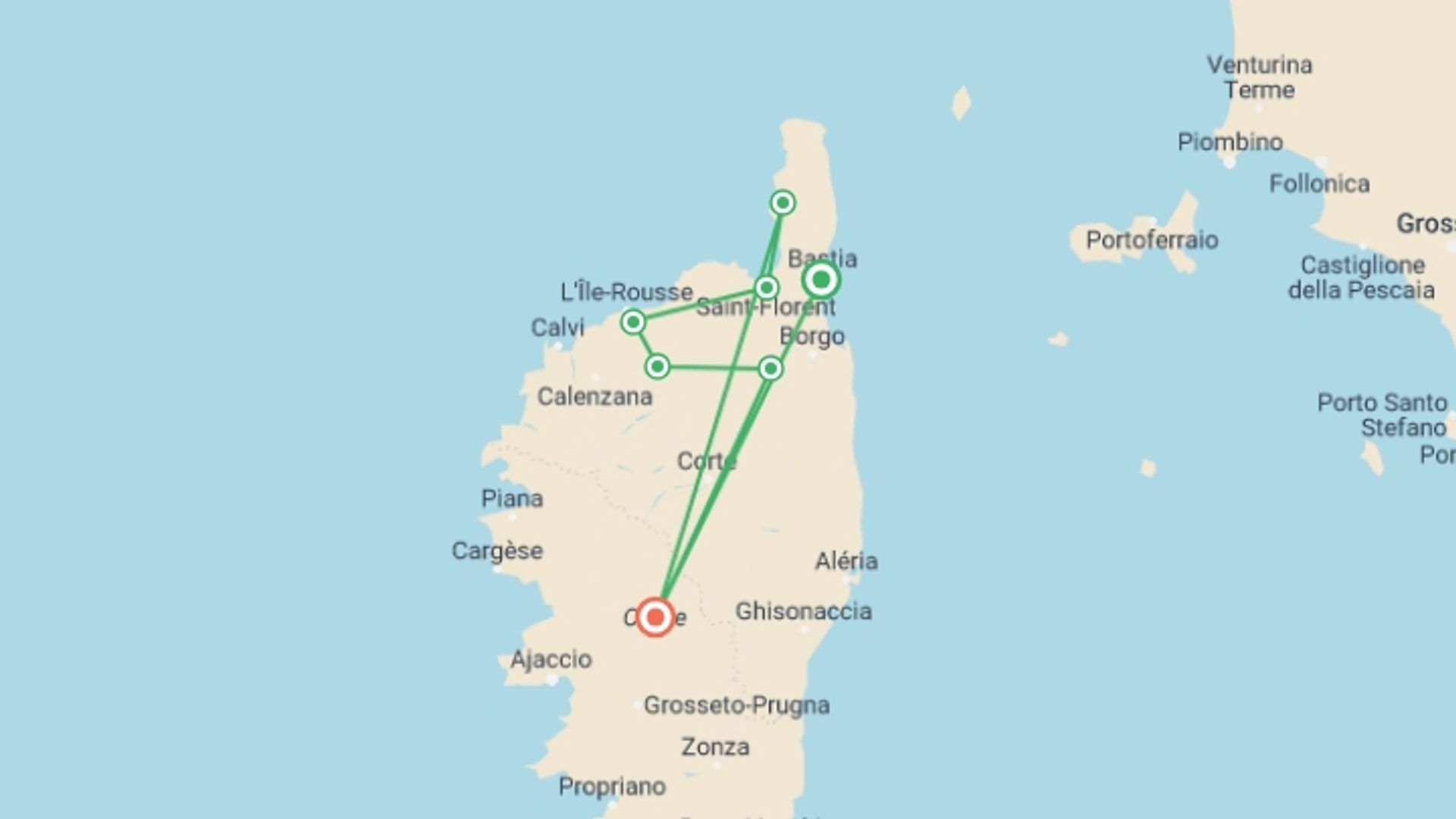 A map showing the tour itinerary for the trip: Corsica Cycle, starting in Bastia, France and ending in Corsica, France going through 5 other destinations.