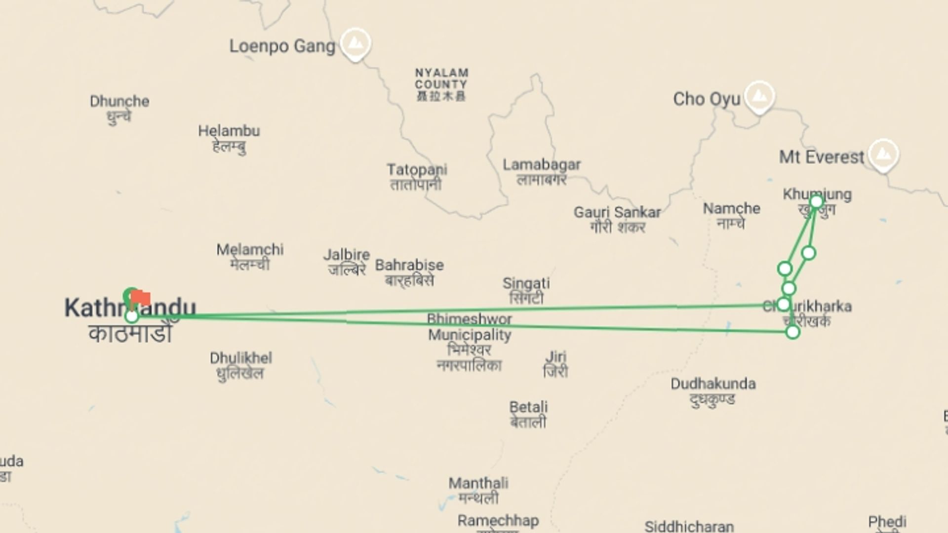 A map showing the tour itinerary for the trip: Everest Panorama trek - Private trip, starting in Kathmandu, Nepal and ending in Kathmandu, Nepal going through 7 other destinations.
