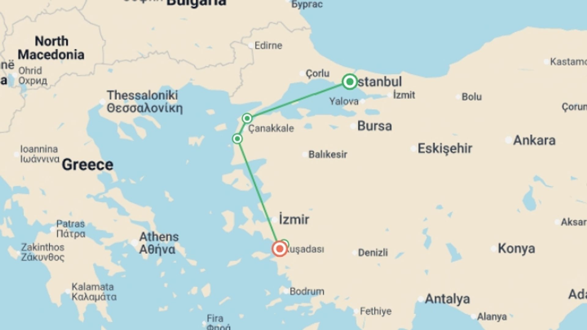 A map showing the tour itinerary for the trip: Trooper Tour - Istanbul to Ephesus 3Days, starting in Istanbul, Turkey and ending in Kusadasi, Turkey going through 2 other destinations.