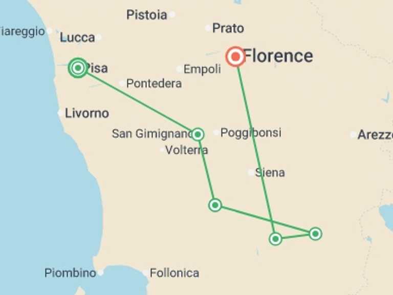 Map itinerary of Italy Tour in June 2026 with 6 destination visits for the trip: Tuscany Walking and Wine