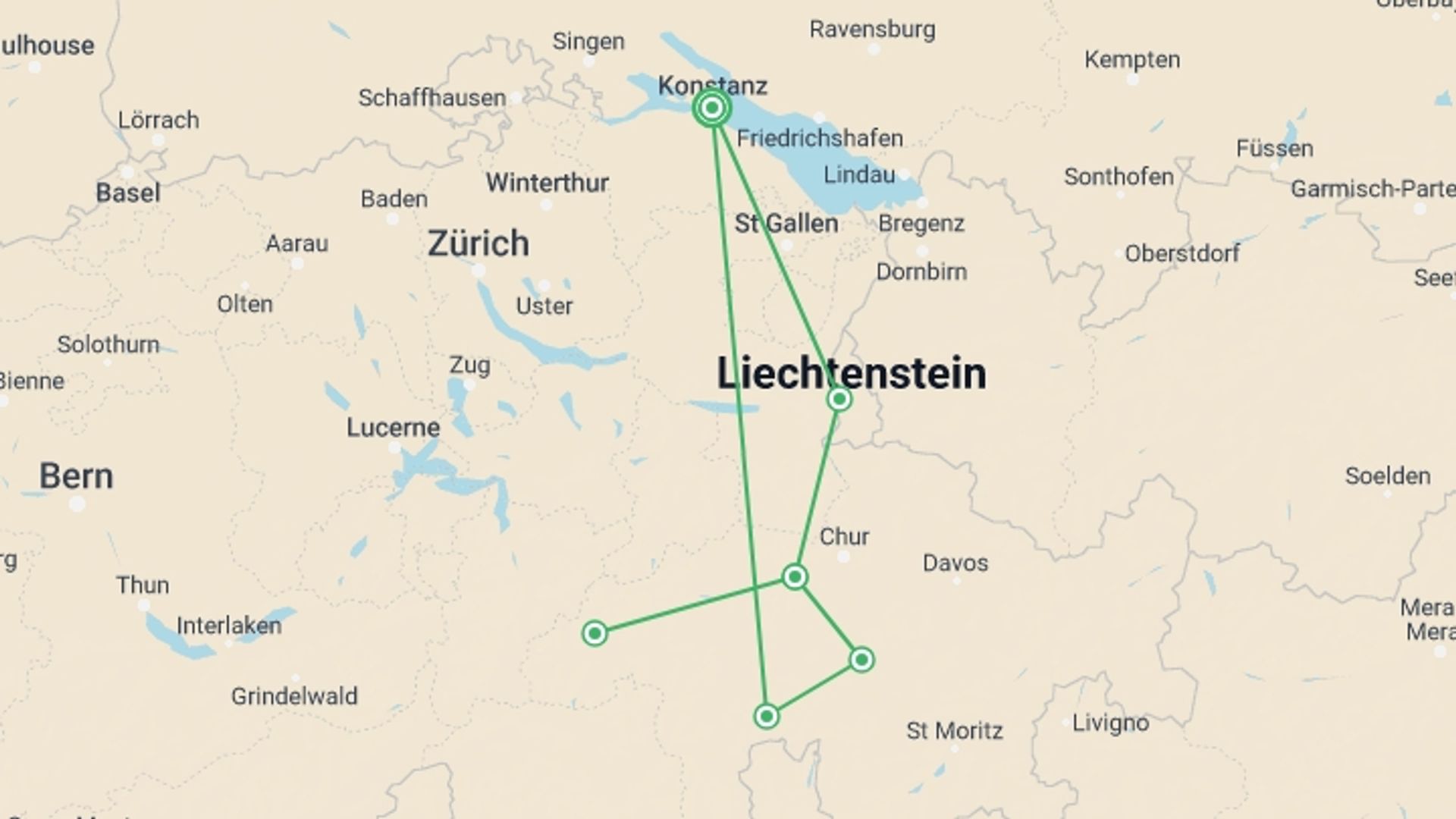 A map showing the tour itinerary for the trip: Alpine Rhine Cycle, starting in Konstanz, Germany and ending in Konstanz, Germany going through 4 other destinations.