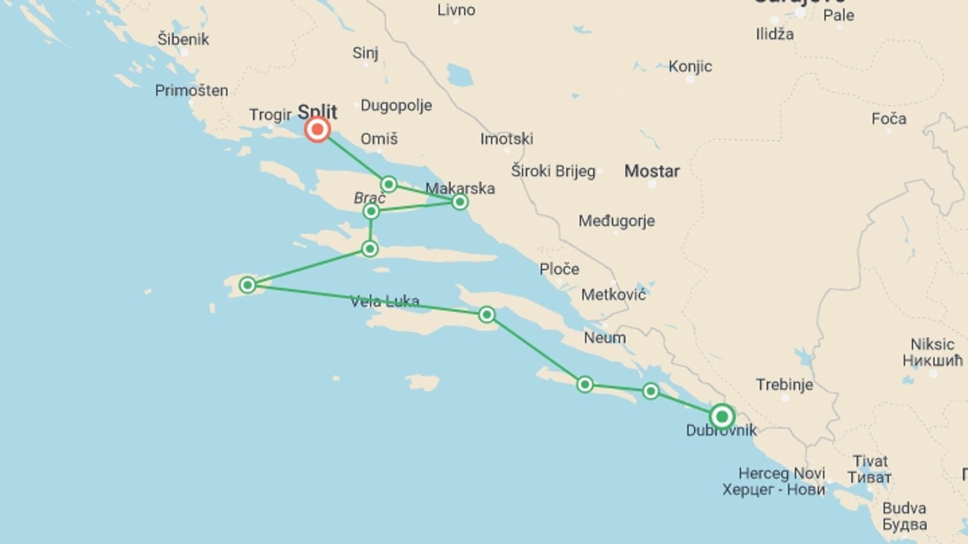 A map showing the tour itinerary for the trip: Adriatic Southern Pearl Cruise from Dubrovnik, starting in Dubrovnik, Croatia and ending in Split, Croatia going through 6 other destinations.