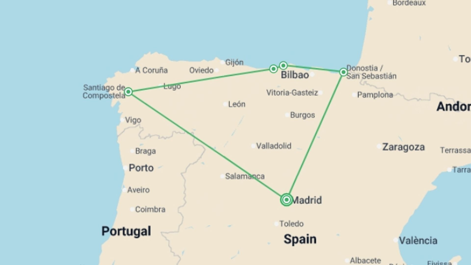 A map showing the tour itinerary for the trip: North Spain & Galicia Week - 7 days, starting in Madrid, Spain and ending in Madrid, Spain going through 4 other destinations.