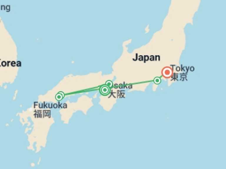 Map itinerary of Asia Tour in February 2027 with 6 destination visits for the trip: Japan Winter Wonder