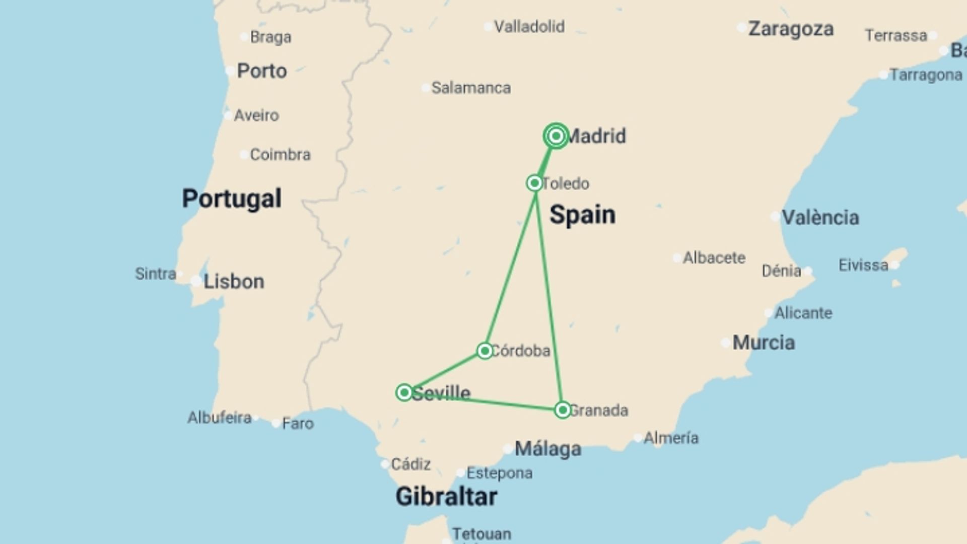 A map showing the tour itinerary for the trip: Essential Spain, starting in Madrid, Spain and ending in Madrid, Spain going through 4 other destinations.