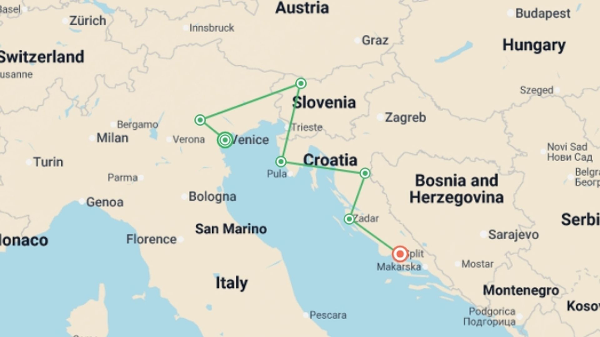 A map showing the tour itinerary for the trip: Adriatic Discovery: Northern Italy, Slovenia and Croatia, starting in Venice, Italy and ending in Split, Croatia going through 5 other destinations.