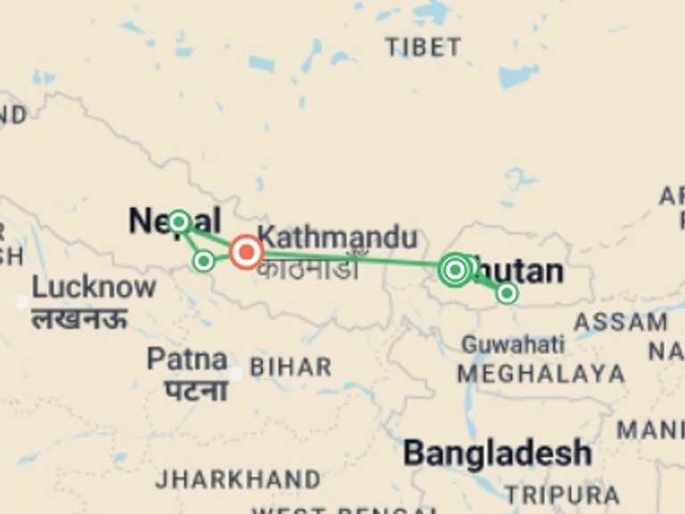 Map of Asia Tour with 7 destination visits for the trip: Highlights of Bhutan & Nepal - 15 Days