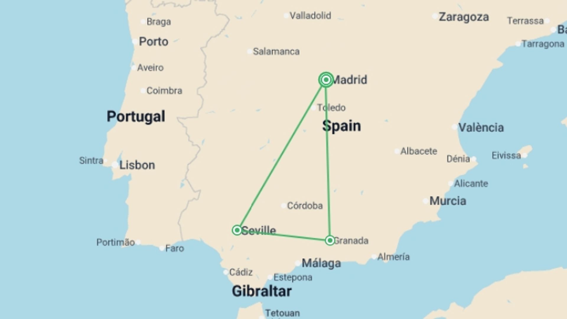 A map showing the tour itinerary for the trip: An Andalusian Story (without Alhambra), starting in Madrid, Spain and ending in Madrid, Spain going through 2 other destinations.