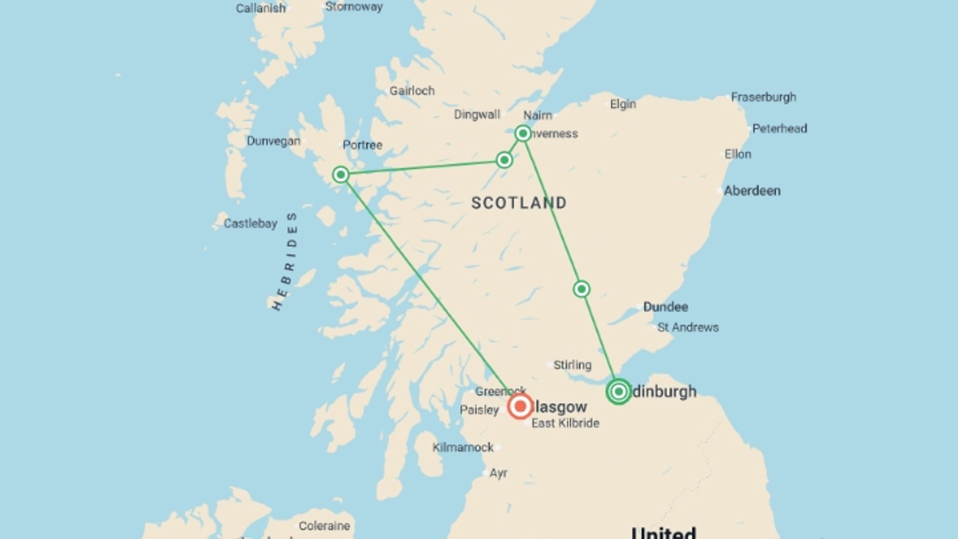 A map showing the tour itinerary for the trip: Premium Scotland, starting in Edinburgh, Scotland and ending in Glasgow, Scotland going through 4 other destinations.