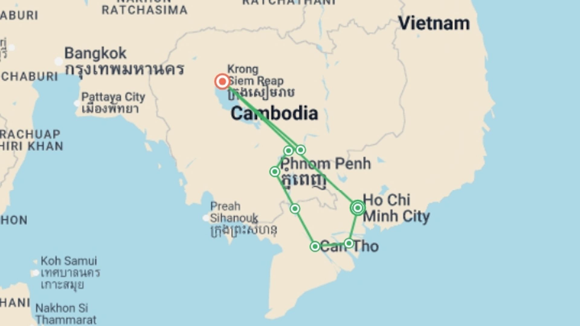 A map showing the tour itinerary for the trip: Treasures of the Mekong, starting in Ho Chi Minh City, Vietnam and ending in Siem Reap, Cambodia going through 5 other destinations.