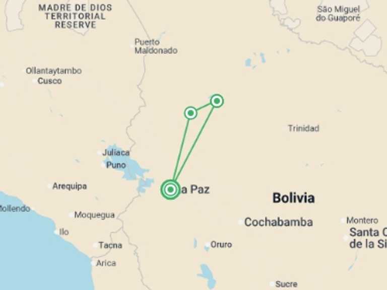 Map of La Paz Adventure Tour with 3 destination visits for the trip: Bolivian Amazon Pampas Air-Expedition 5D/4N (from La Paz)