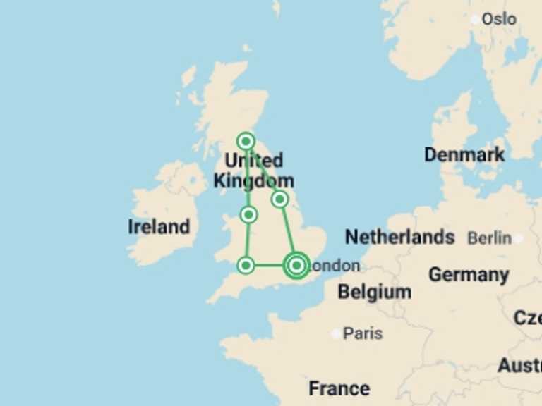 Map itinerary of England Tour in February 2027 with 5 destination visits for the trip: Real Britain