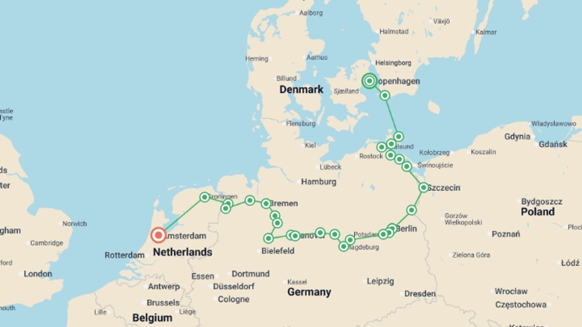 A map showing the tour itinerary for the trip: From Copenhagen to Amsterdam : The Baltic Sea, the Oder and Havel and Elbe Rivers (port-to-port cruise), starting in Copenhagen, Denmark and ending in Amsterdam, Holland going through 13 other destinations.