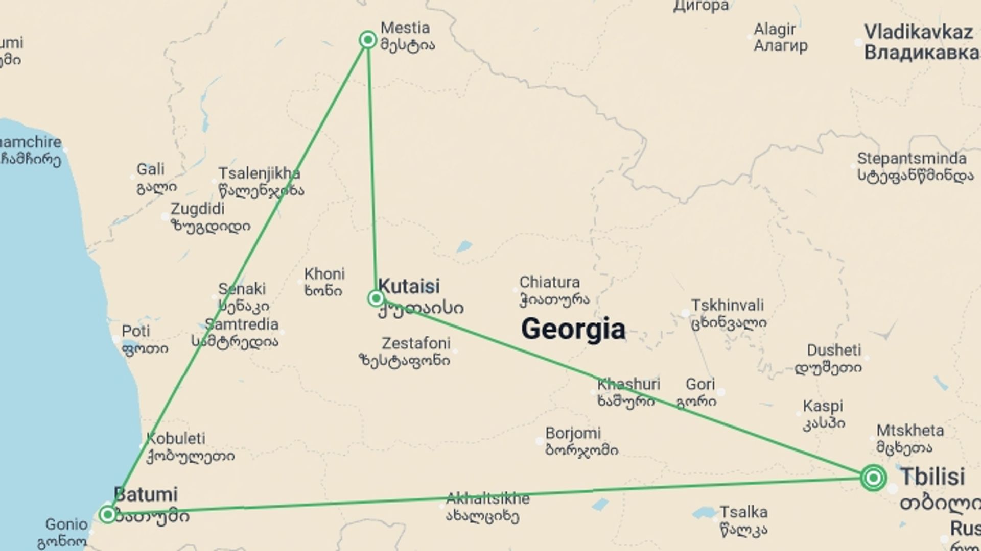 A map showing the tour itinerary for the trip: Georgia Adventure, starting in Tbilisi, Georgia and ending in Tbilisi, Georgia going through 3 other destinations.