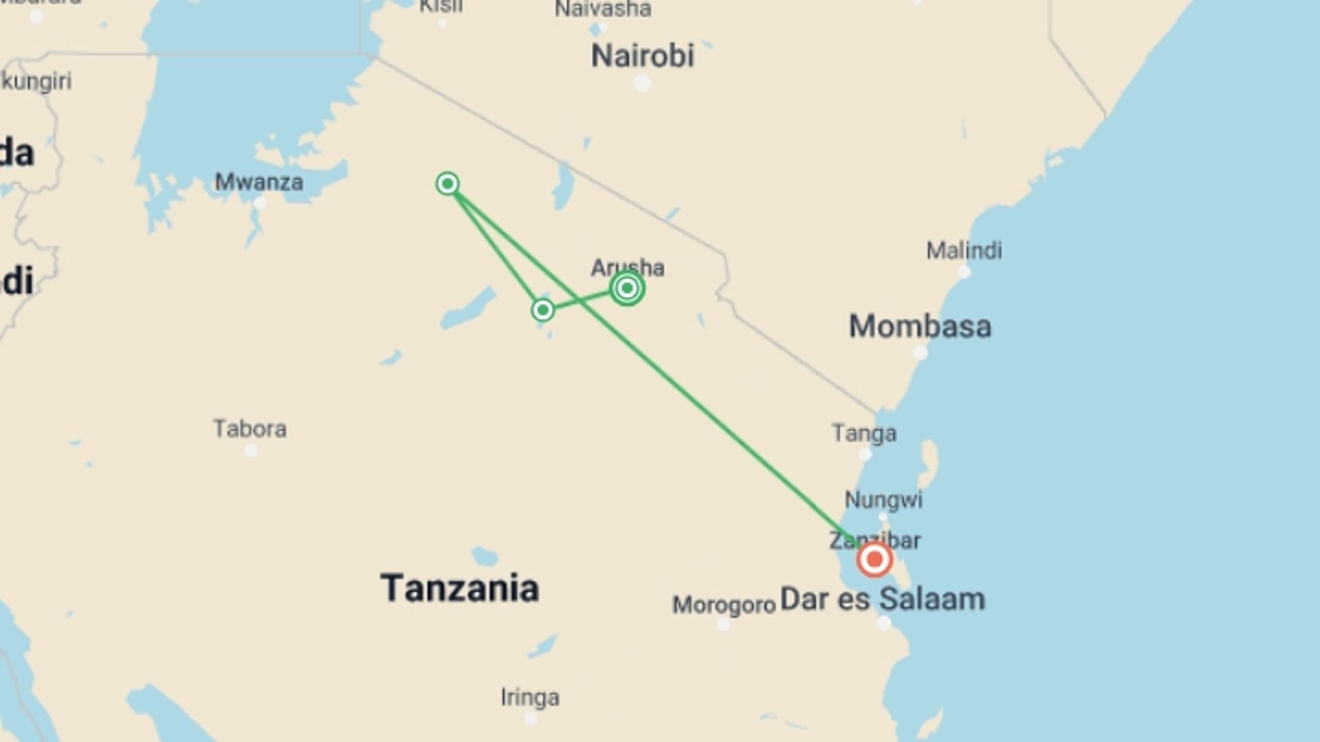 A map showing the tour itinerary for the trip: Tanzania Safari & Beach - 14 days, starting in Arusha, Tanzania and ending in Zanzibar, Tanzania going through 2 other destinations.