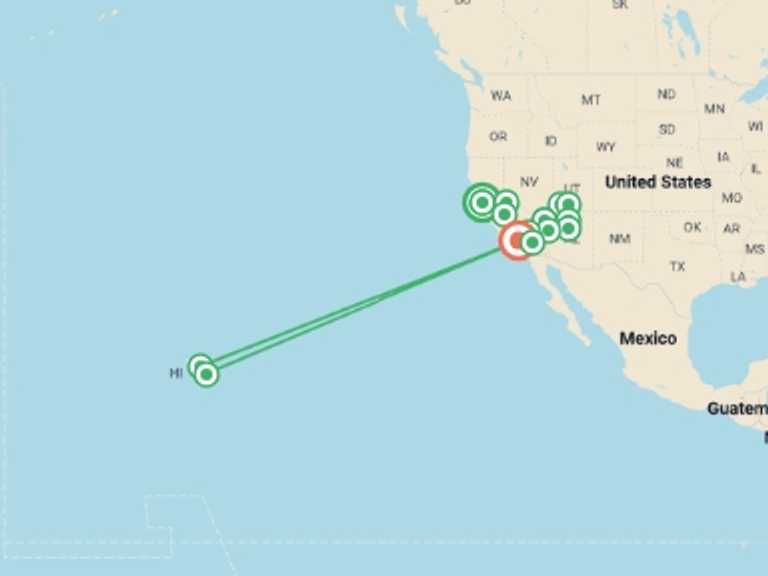 Map of Maui Tour with 9 destination visits for the trip: San Francisco, Maui to Los Angeles - 15 days
