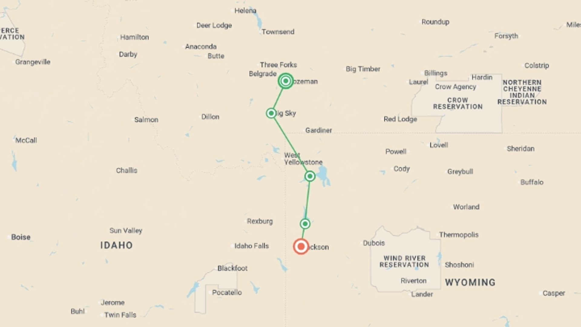 A map showing the tour itinerary for the trip: Yellowstone Discovery, starting in Bozeman, USA and ending in Jackson, USA going through 2 other destinations.