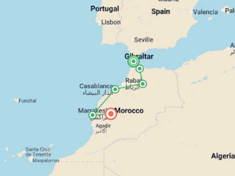 Map itinerary of Marrakech Tour in April 2027 with 6 destination visits for the trip: Morocco: Chefchaouen, Fes & Casablanca Wonder