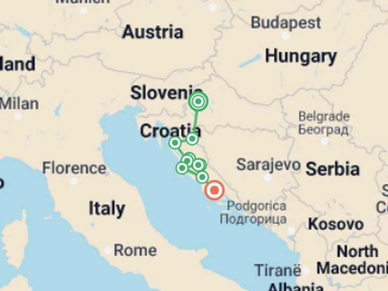 Map of 8-Day Zagreb Tour with 6 destination visits for the trip: Croatia Coast and Canyons Walk