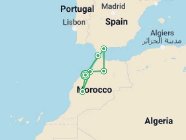 Map of 5-Day Marrakech Tour with 4 destination visits for the trip: Morocco 5-day Tour From Málaga With Accommodation