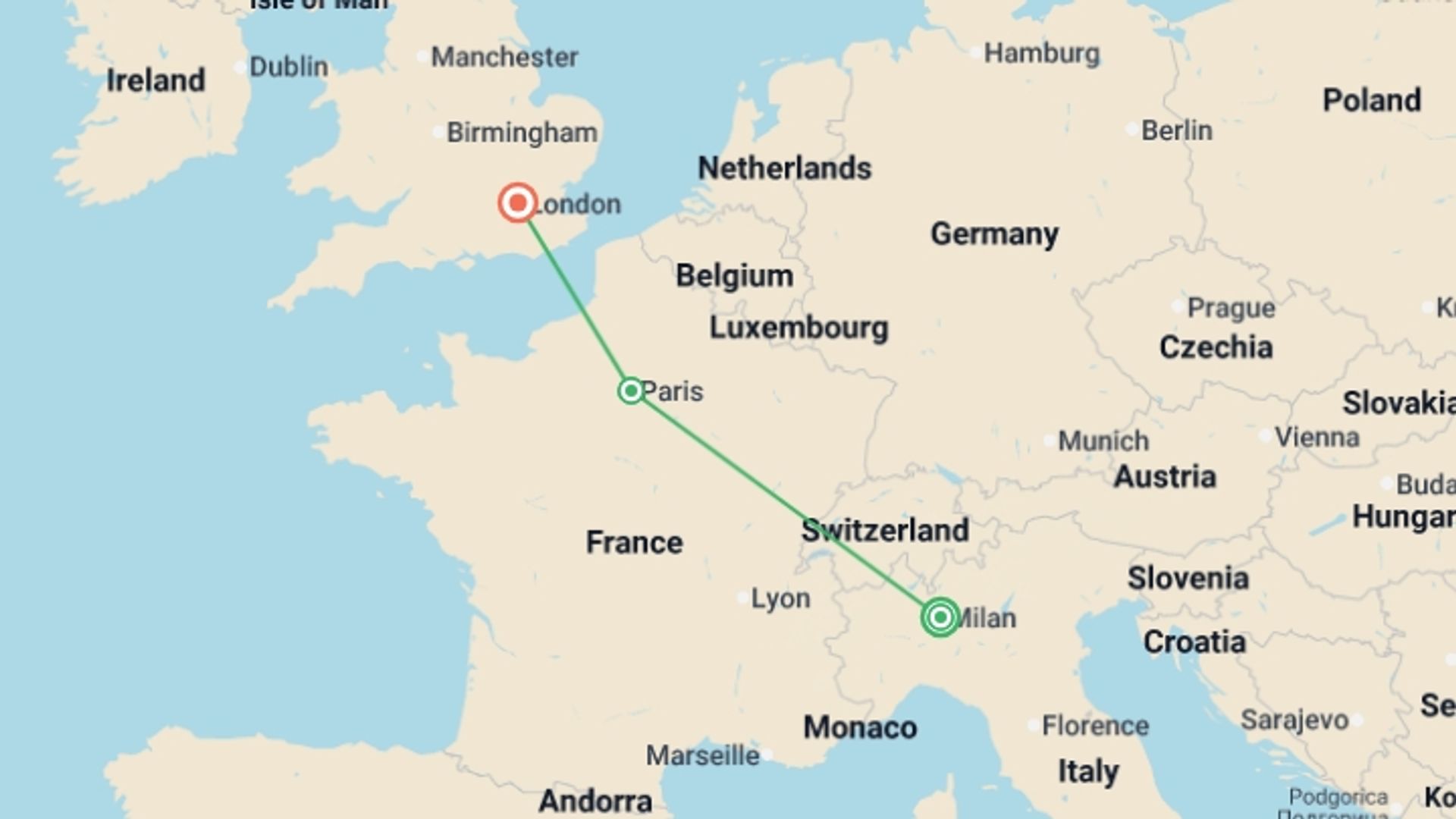 A map showing the tour itinerary for the trip: The Romance of Rail: Italy to England, starting in Milan, Italy and ending in London, England going through 1 other destinations.