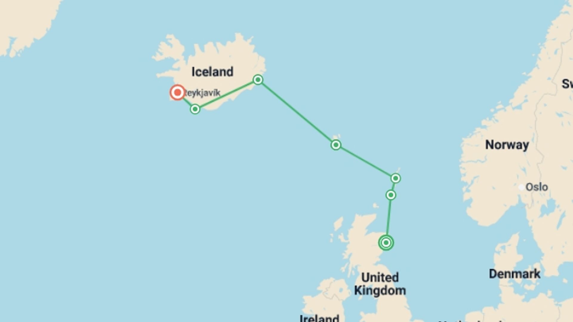 A map showing the tour itinerary for the trip: Scotland, Faroes and Iceland - M/V Greg Mortimer, starting in Aberdeen, Scotland and ending in Reykjavik, Iceland going through 5 other destinations.