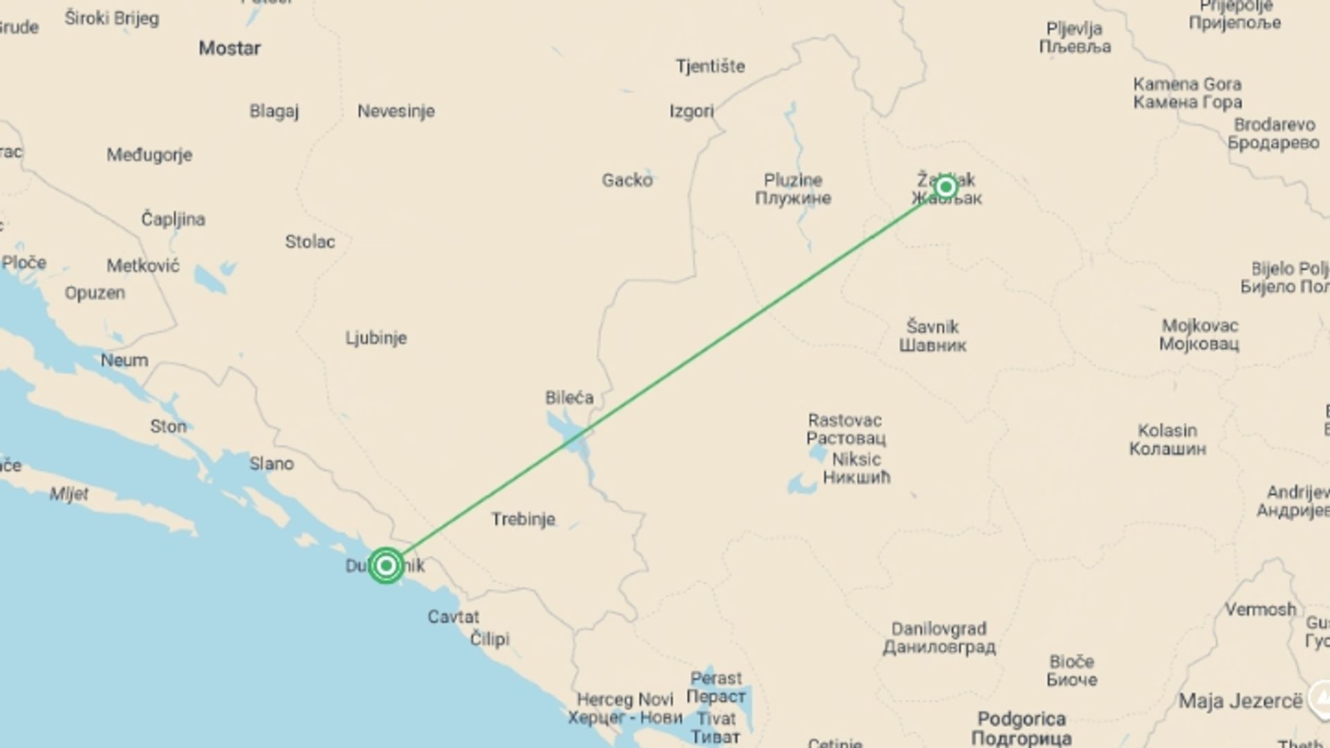 A map showing the tour itinerary for the trip: Croatia & Montenegro: Hike, Bike & Raft, starting in Dubrovnik, Croatia and ending in Dubrovnik, Croatia going through 1 other destinations.