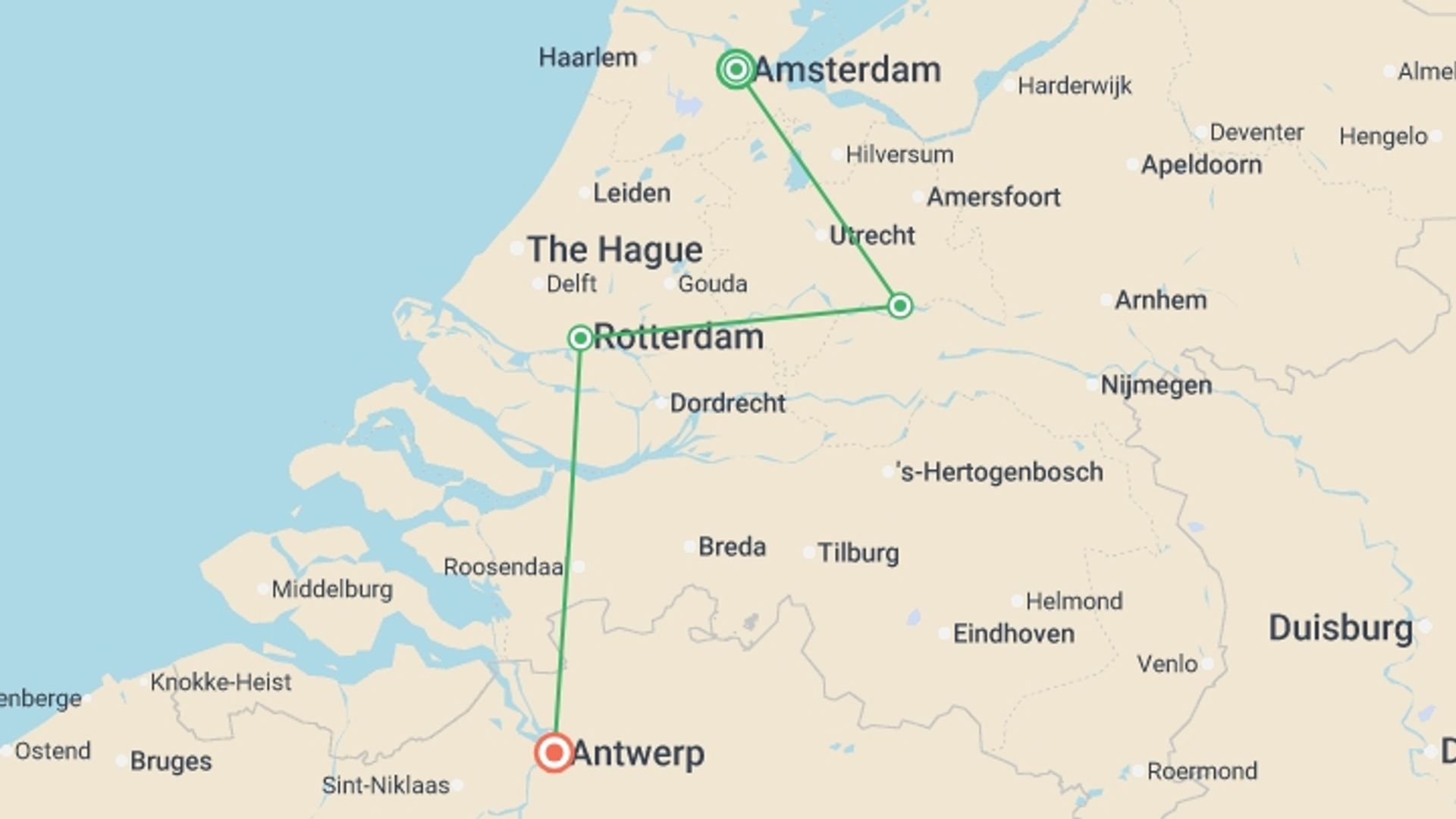A map showing the tour itinerary for the trip: Springtime in Holland (port-to-port cruise), starting in Amsterdam, Holland and ending in Antwerp, Belgium going through 2 other destinations.