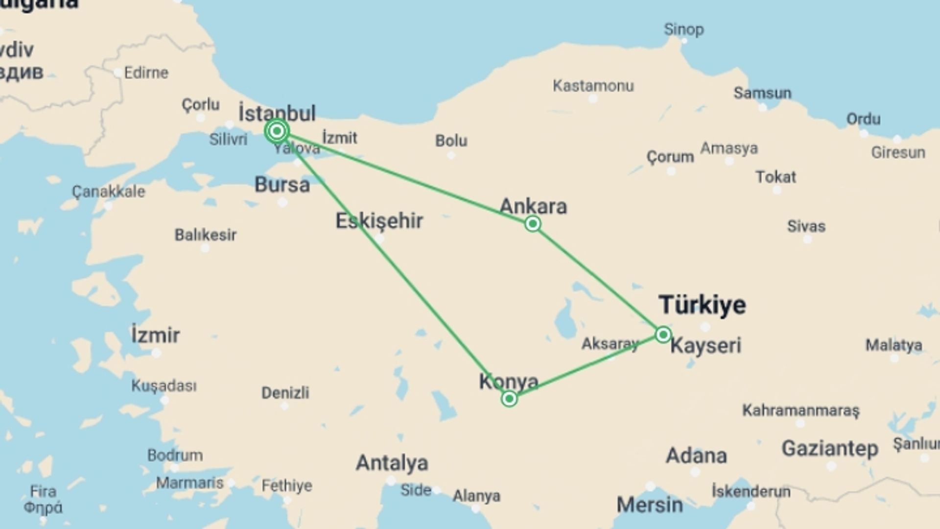 A map showing the tour itinerary for the trip: Best Of Anatolia Luxury Turkey Tour, starting in Istanbul, Turkey and ending in Istanbul, Turkey going through 3 other destinations.