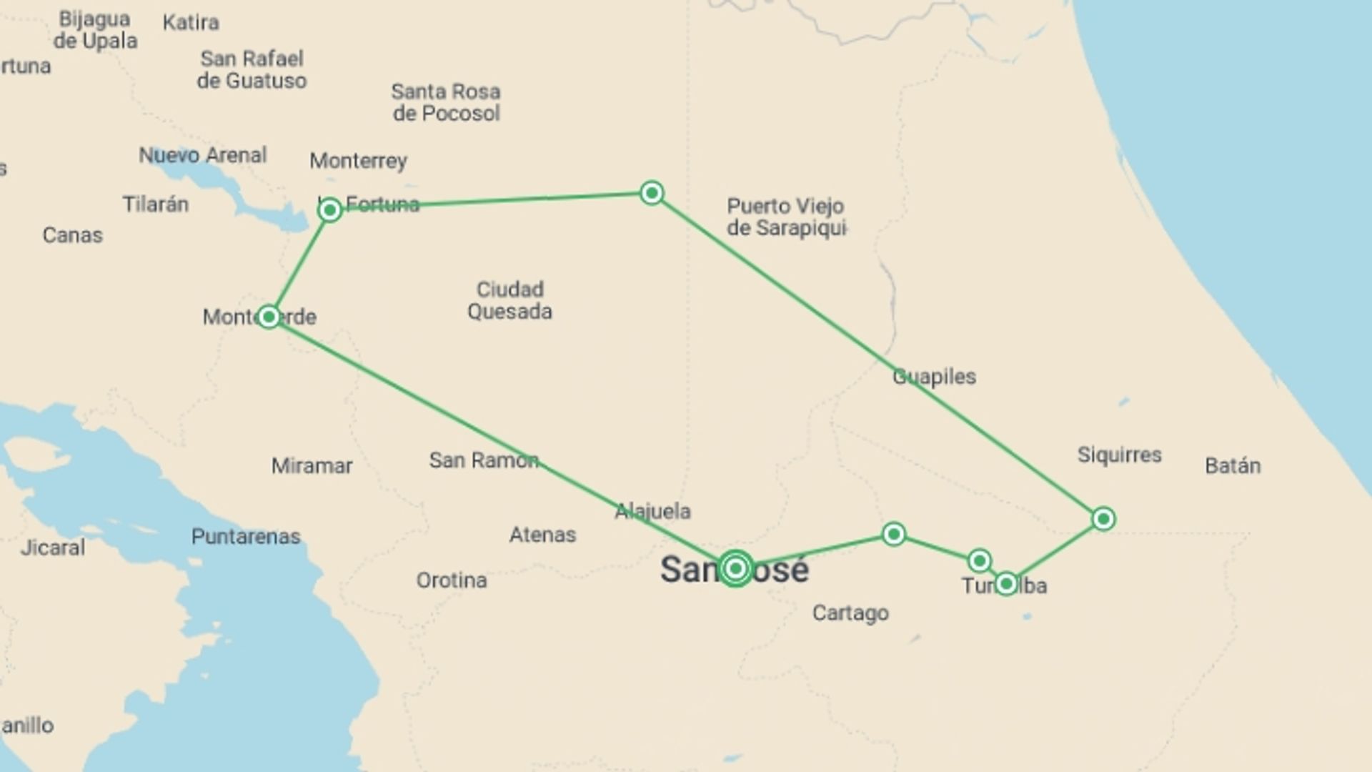A map showing the tour itinerary for the trip: Multisport Through Volcanoes & Rivers (on Request), starting in San Jose, Costa Rica and ending in San Jose, Costa Rica going through 4 other destinations.