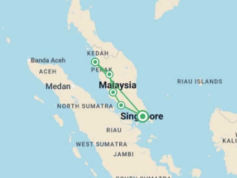 Map of 7-Day South East Asia Tour with 5 destination visits for the trip: Malaysia Premium Tour: Kuala Lumpur and Penang Highlights