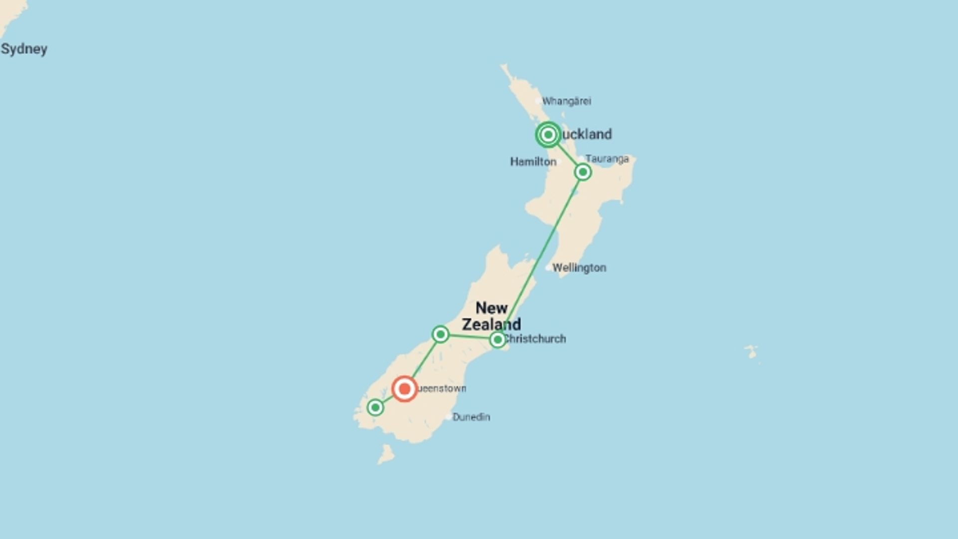 A map showing the tour itinerary for the trip: Journeys: Discover New Zealand, starting in Auckland, New Zealand and ending in Queenstown, New Zealand going through 4 other destinations.