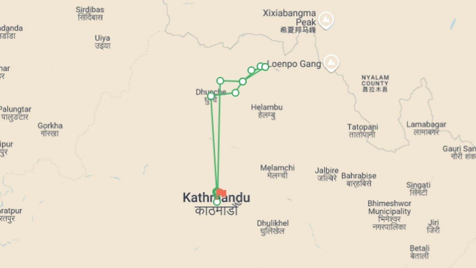 A map showing the tour itinerary for the trip: Langtang Kyanjin Trek, starting in Kathmandu, Nepal and ending in Kathmandu, Nepal going through 7 other destinations.