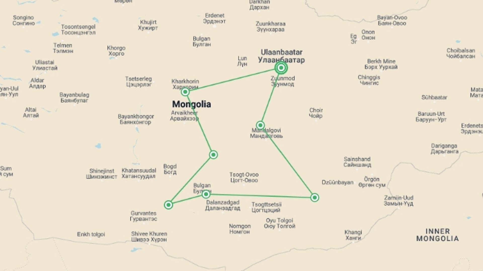 A map showing the tour itinerary for the trip: Mongolia's Naadam Festival, starting in Ulaanbaatar, Mongolia and ending in Ulaanbaatar, Mongolia going through 6 other destinations.